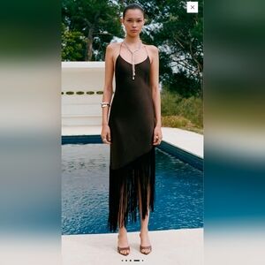 Classic Slip Dress With Fringe - Chocolate Brown - MANGO - Size 2